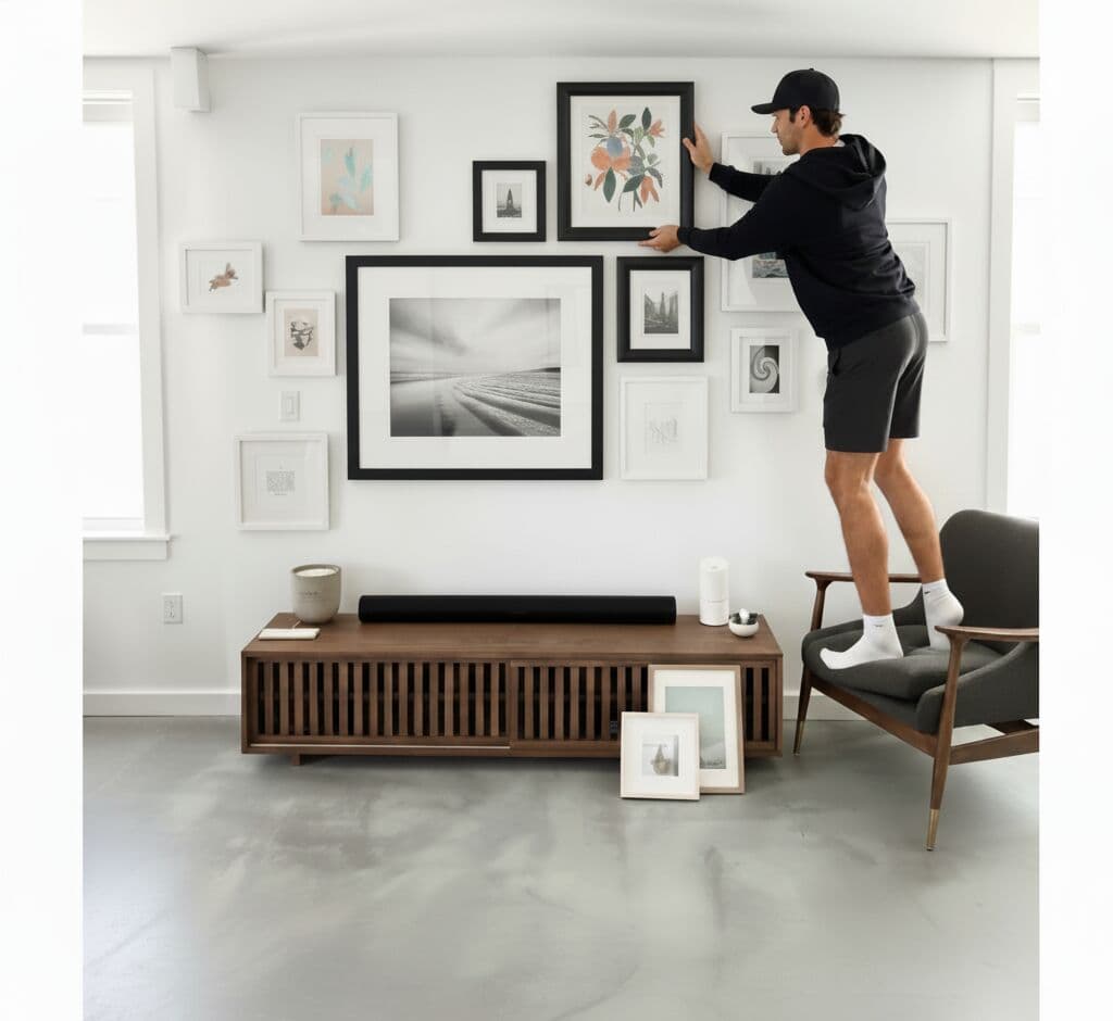 Man arranging modern gallery wall combining black picture frames and white frames displaying monochromatic landscape photography, delicate botanical watercolors, and minimalist line drawings above mid-century media console