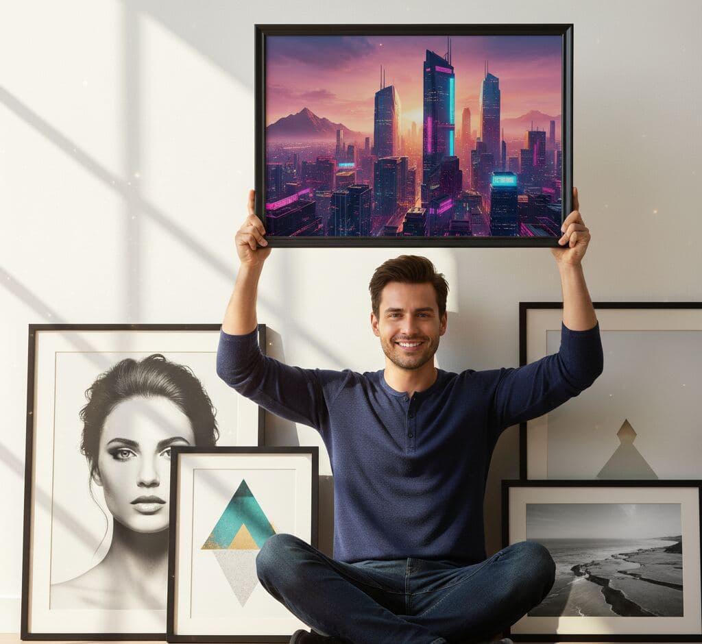 Man displaying futuristic cyberpunk cityscape poster with dramatic pink and purple sunset over towering skyscrapers and distant mountains in contemporary black picture frame made for sci-fi art enthusiasts