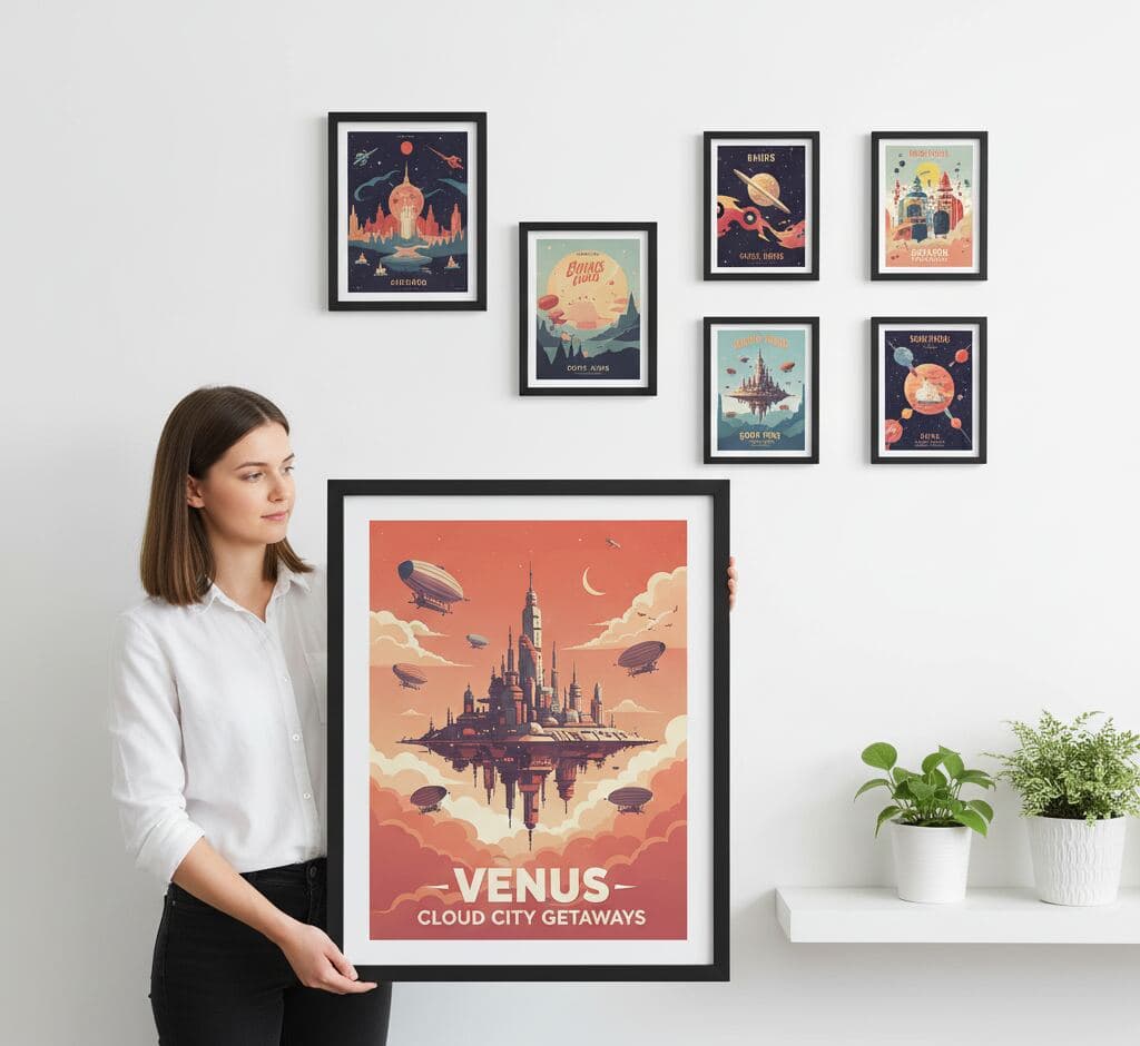 Woman presenting retro Venus Cloud City Getaways space travel poster in sleek black picture frame alongside gallery wall featuring Mars, Saturn, and planetary destination prints in minimalist modern home