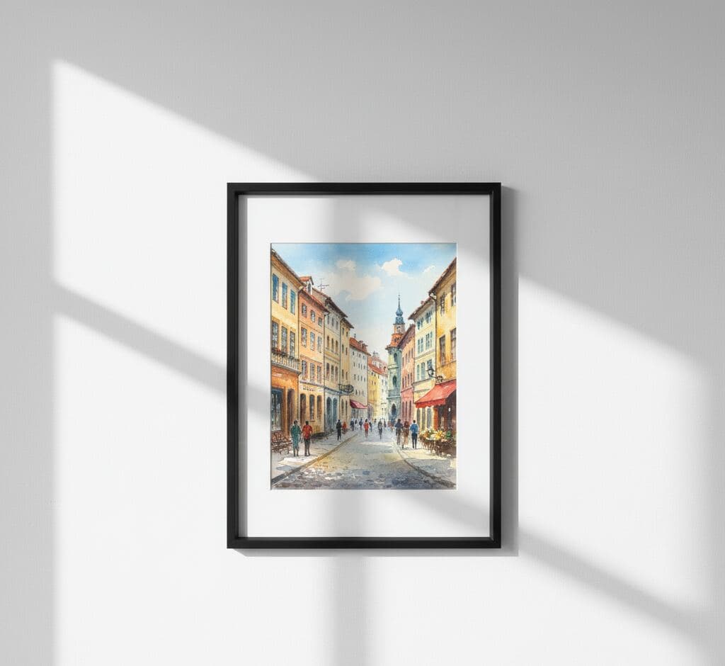 European historic street scene watercolor with vibrant yellow, orange, and red buildings beneath turquoise sky with church tower in modern black picture frame showcasing architectural travel art