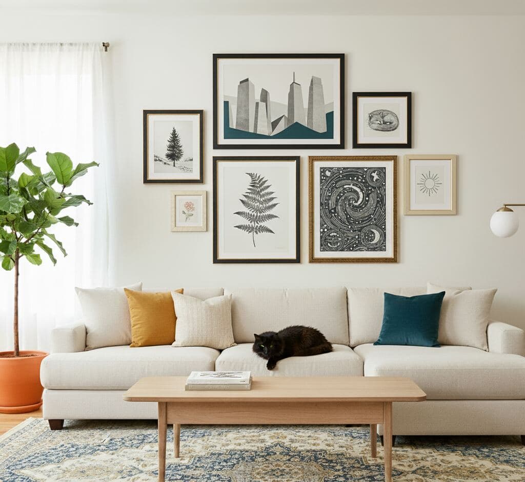 Modern living room gallery wall mixing black picture frames and natural wood frames displaying geometric cityscape art, fern botanical print, spiral galaxy astronomical poster above beige sofa with black cat and teal accent pillows