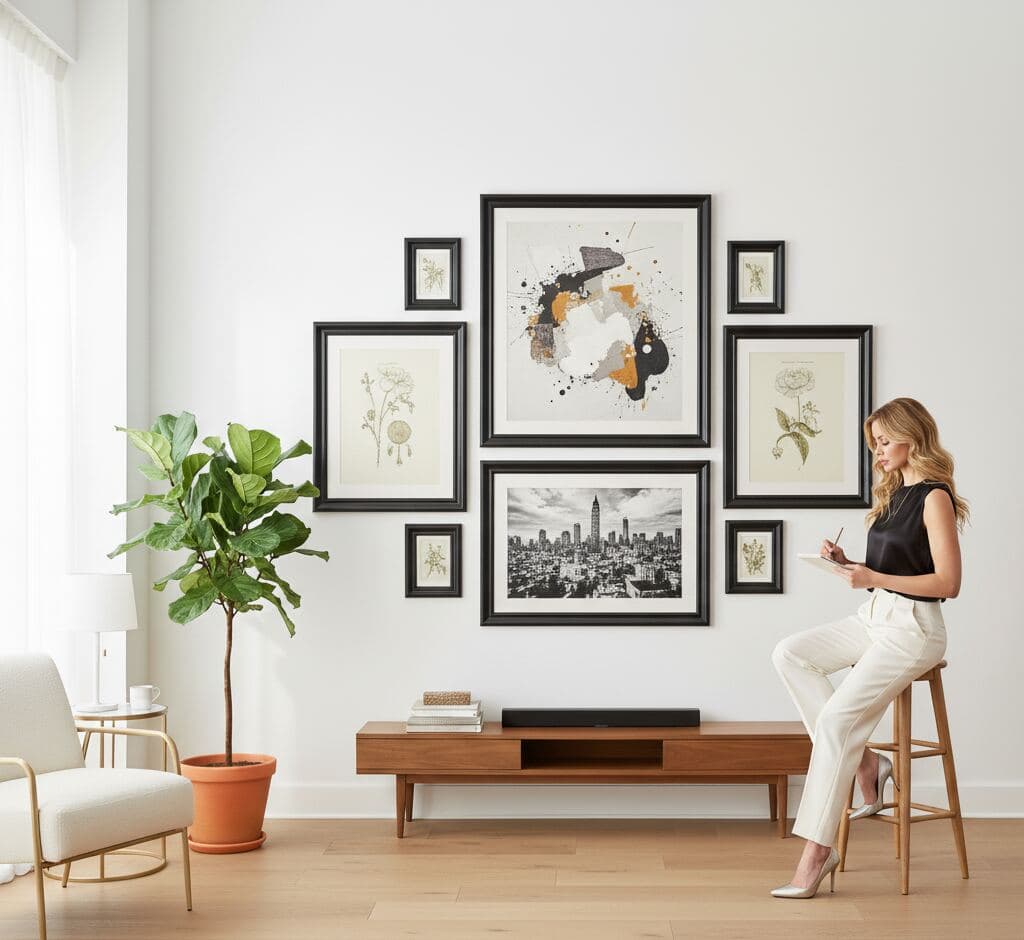 Woman curating sophisticated gallery wall with angular black picture frames showcasing contemporary abstract watercolor, delicate botanical illustrations, and vintage cityscape photography in modern minimalist living space with fiddle leaf fig