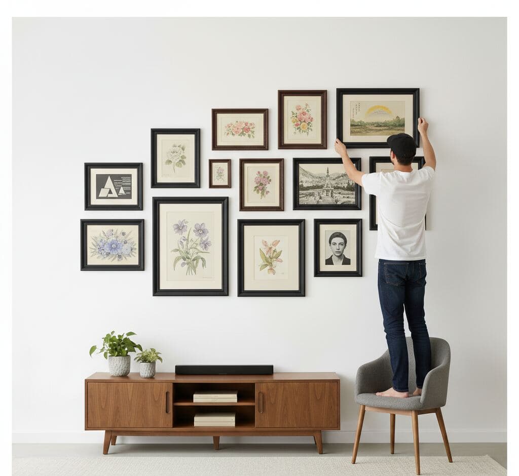 Man on chair arranging eclectic gallery wall combining black picture frames with brown frames displaying vintage botanical watercolors, geometric monograms, delicate floral prints, and black-and-white portrait photography above mid-century credenza