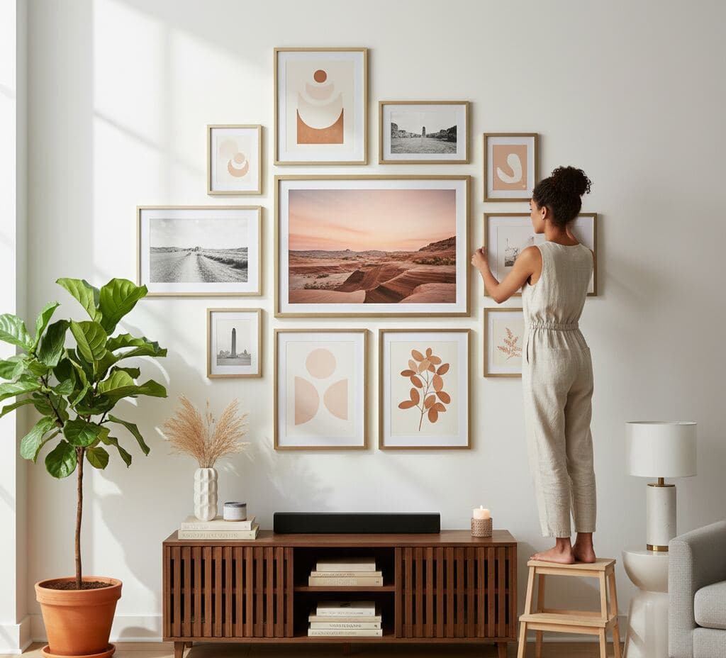 Woman stands on step stool adjusting gallery wall of gold picture frames displaying desert landscapes, minimalist shapes, and botanical prints in bright living room