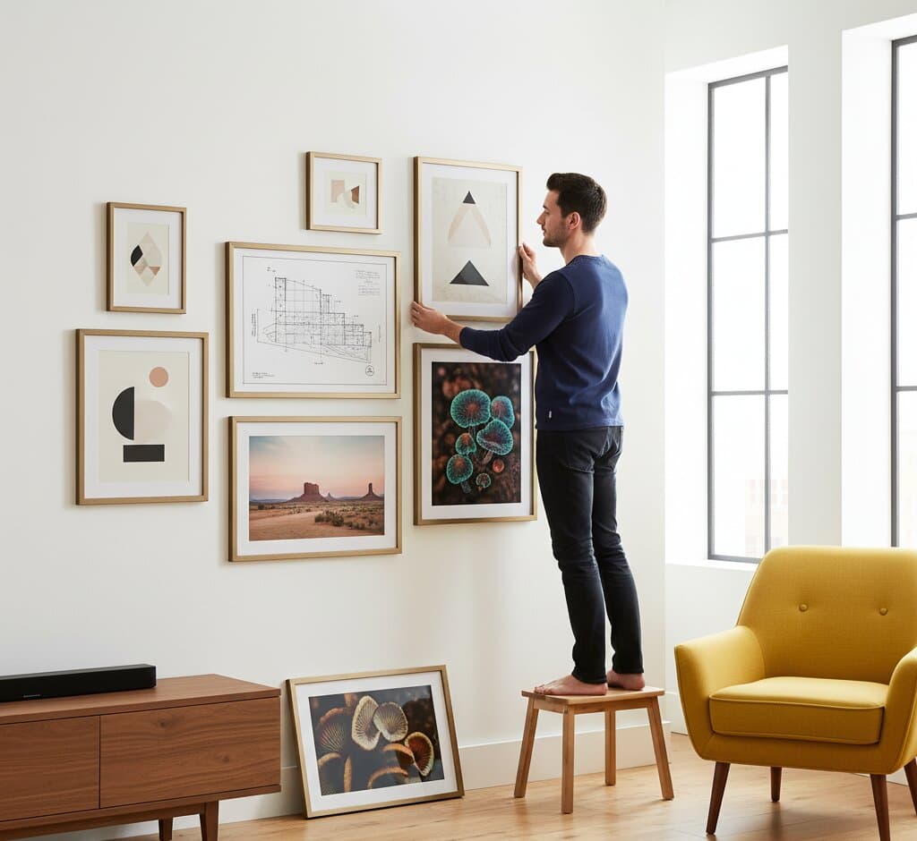 Woman in orange sweater arranges warm-toned gallery wall featuring desert landscapes abstract prints and vintage art in light maple picture frames above white shelf