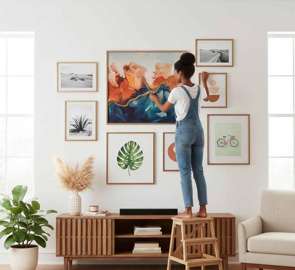 Smiling woman sits cross-legged on floor holding framed abstract landscape painting with gold and rust tones surrounded by additional light maple wood frames