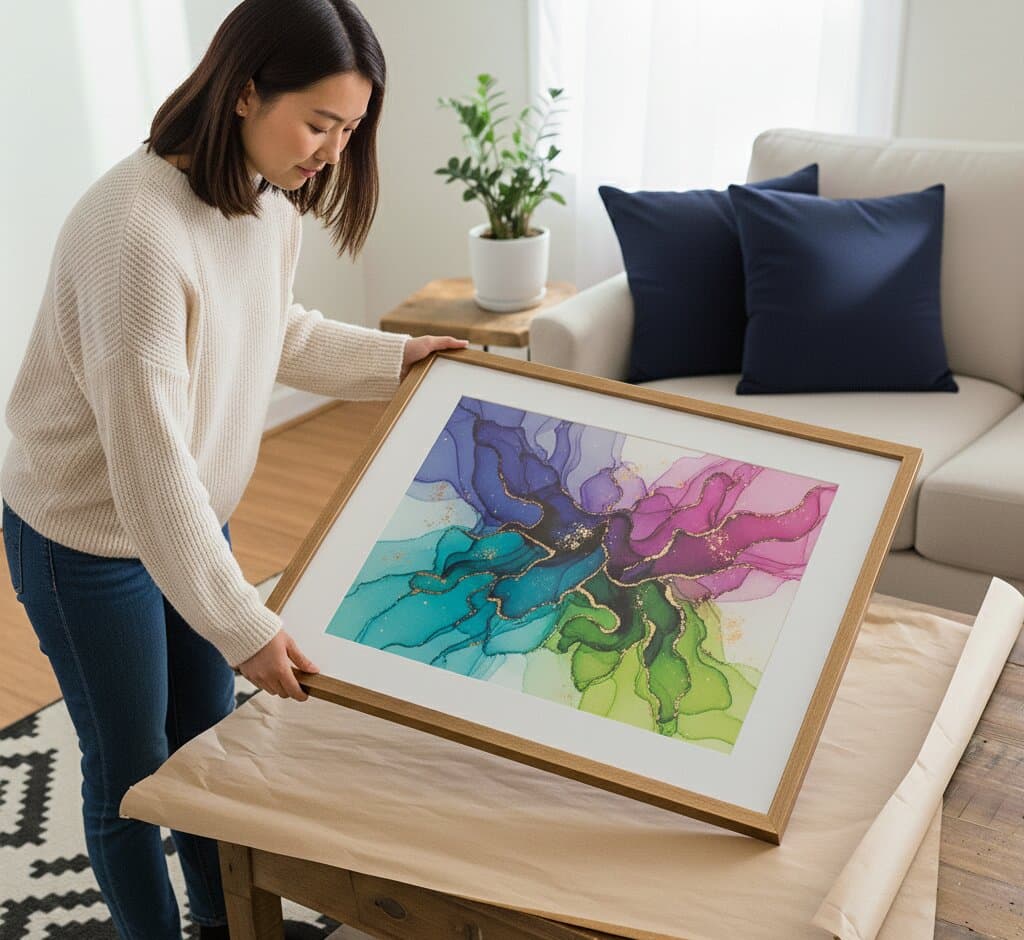 Smiling woman in gray sweater holds light maple picture frame showcasing vibrant orange pink and yellow watercolor abstract painting in bright living room
