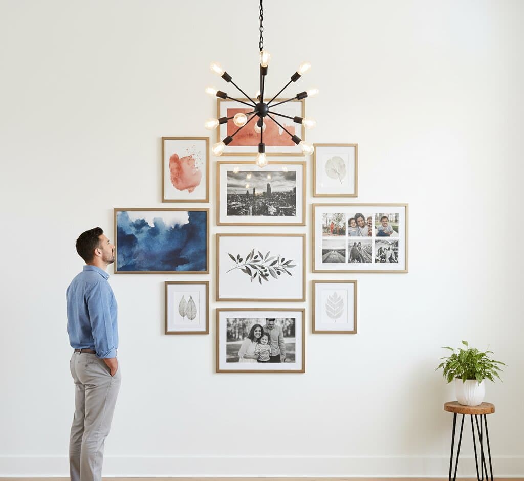 Man in blue shirt admires balanced gallery wall arrangement featuring botanical prints abstract shapes and family photos in light maple frames beneath modern chandelier
