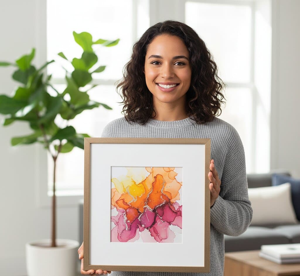 Woman in cream sweater places large framed watercolor painting with teal purple and green tones into light maple wood frame on wooden table