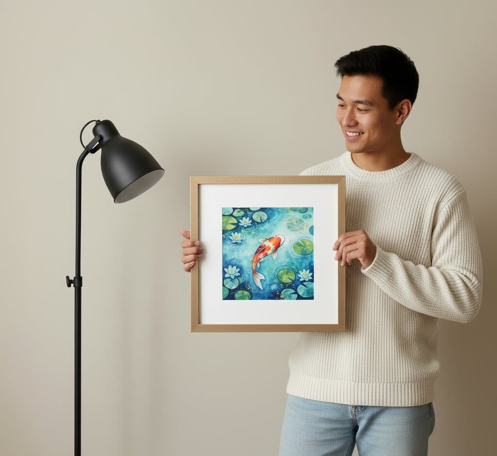 Woman in denim overalls adjusts large colorful abstract painting surrounded by modern botanical and minimalist prints in light maple frames