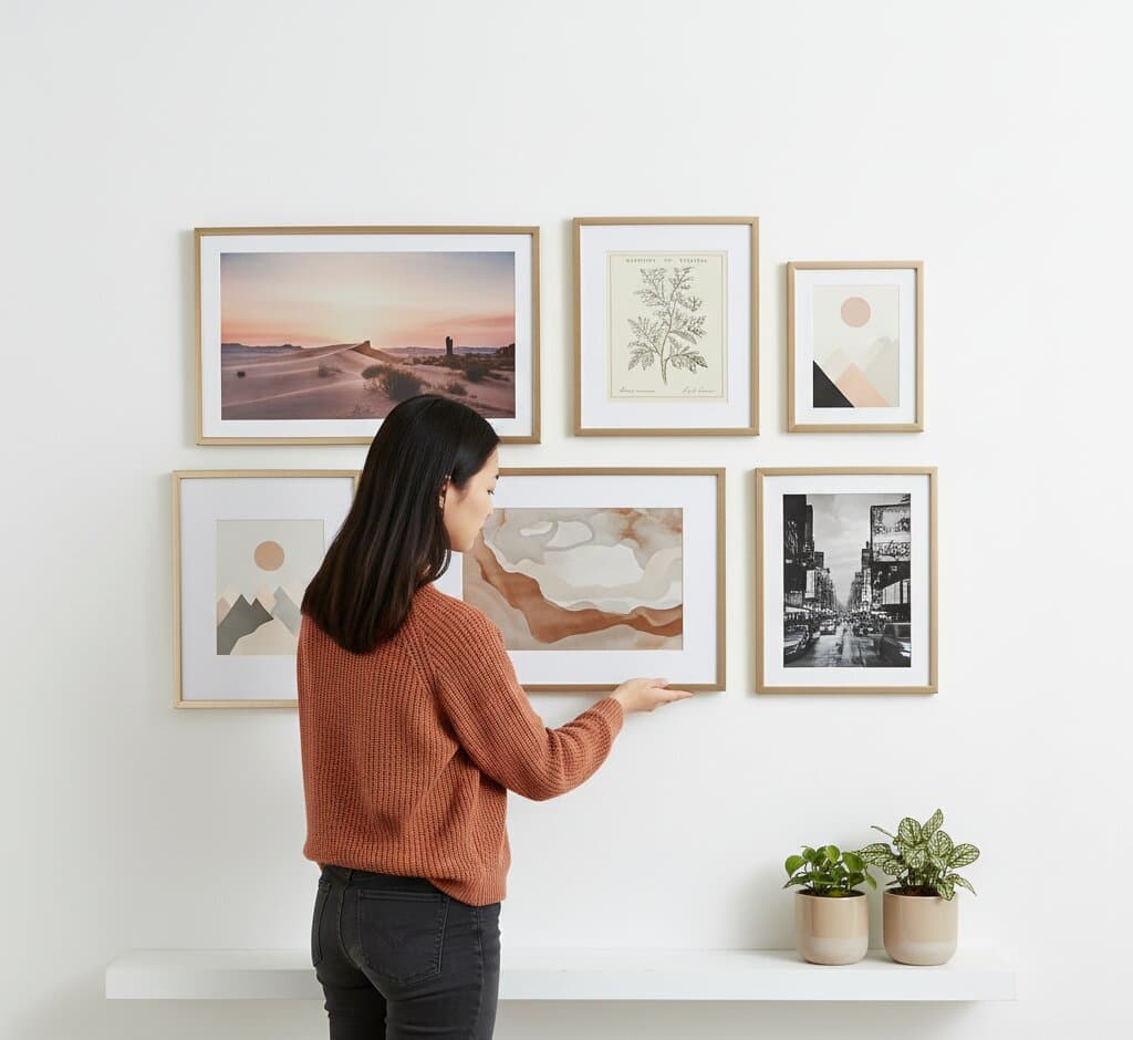 Smiling man holds light maple picture frame with watercolor koi fish painting standing beside black lamp in minimalist modern interior