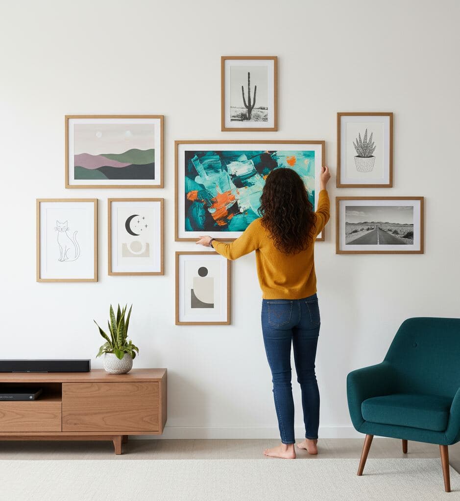 Woman in mustard sweater adjusts wall gallery of light wood picture frames featuring abstract, landscape, and minimalist art in bright living room