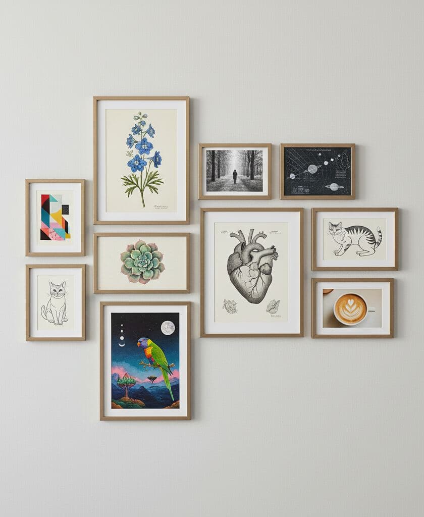 Collection of light wood frames displays assorted artwork including botanical prints, heart illustration, cat sketch, and cup of coffee on light wall