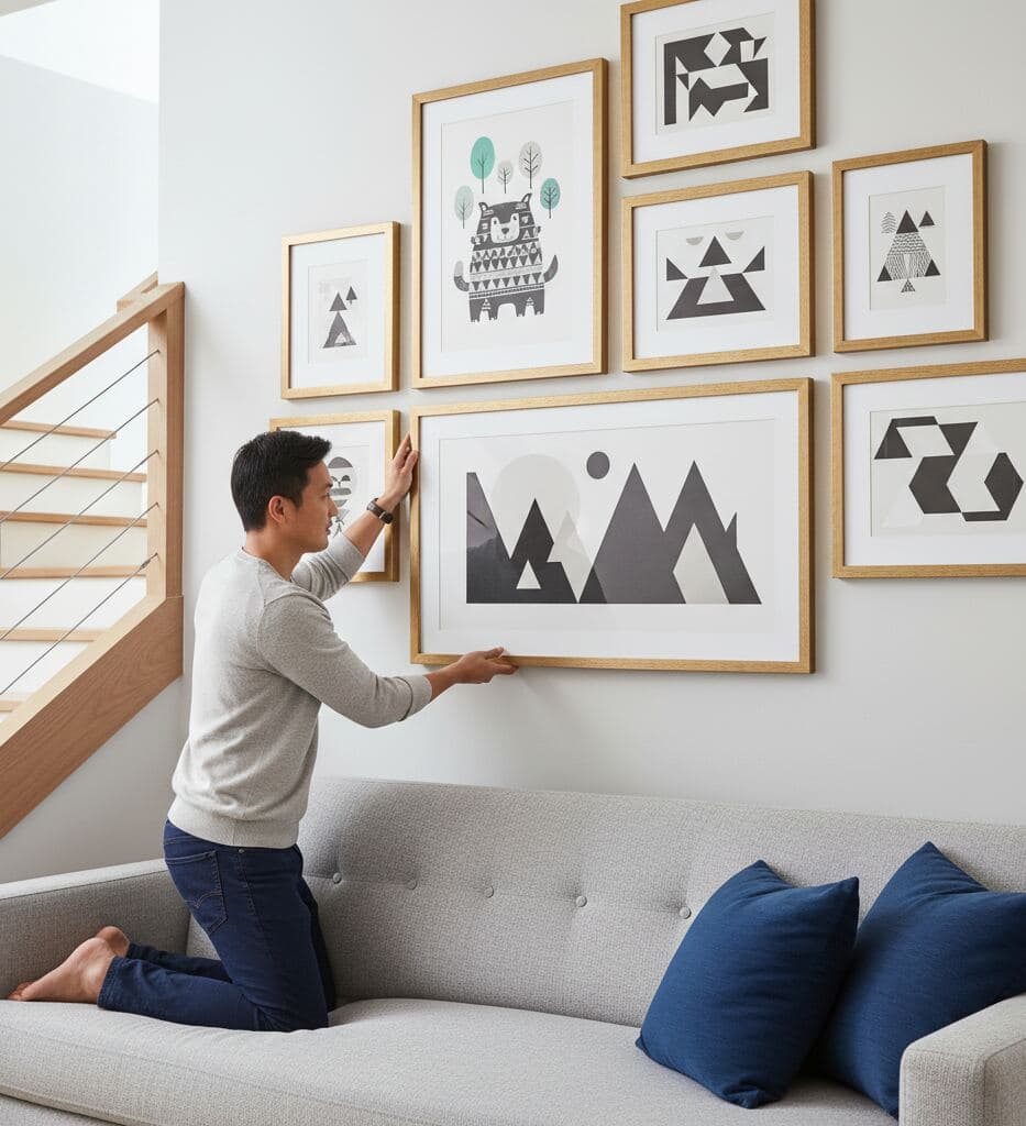 Man kneels on gray sofa arranging gallery wall of gold picture frames featuring geometric black-and-white artwork and minimalist animal designs