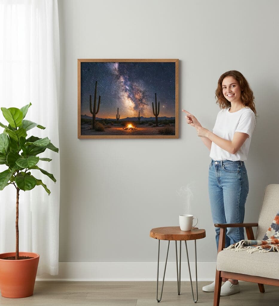Woman in white t-shirt stands beside chair pointing toward framed desert night sky photograph featuring cacti and Milky Way