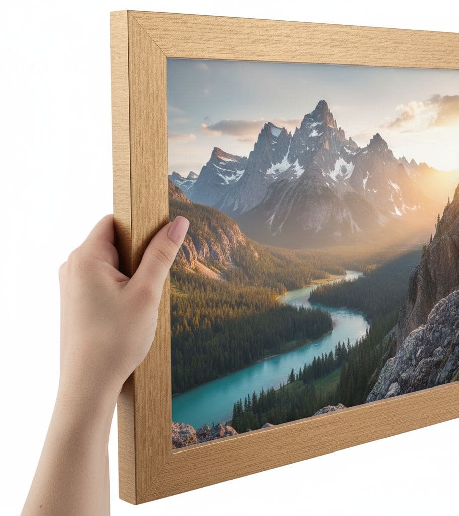 Close-up of hands holding light wood picture frame displaying photograph of mountain landscape with winding river under golden sunset