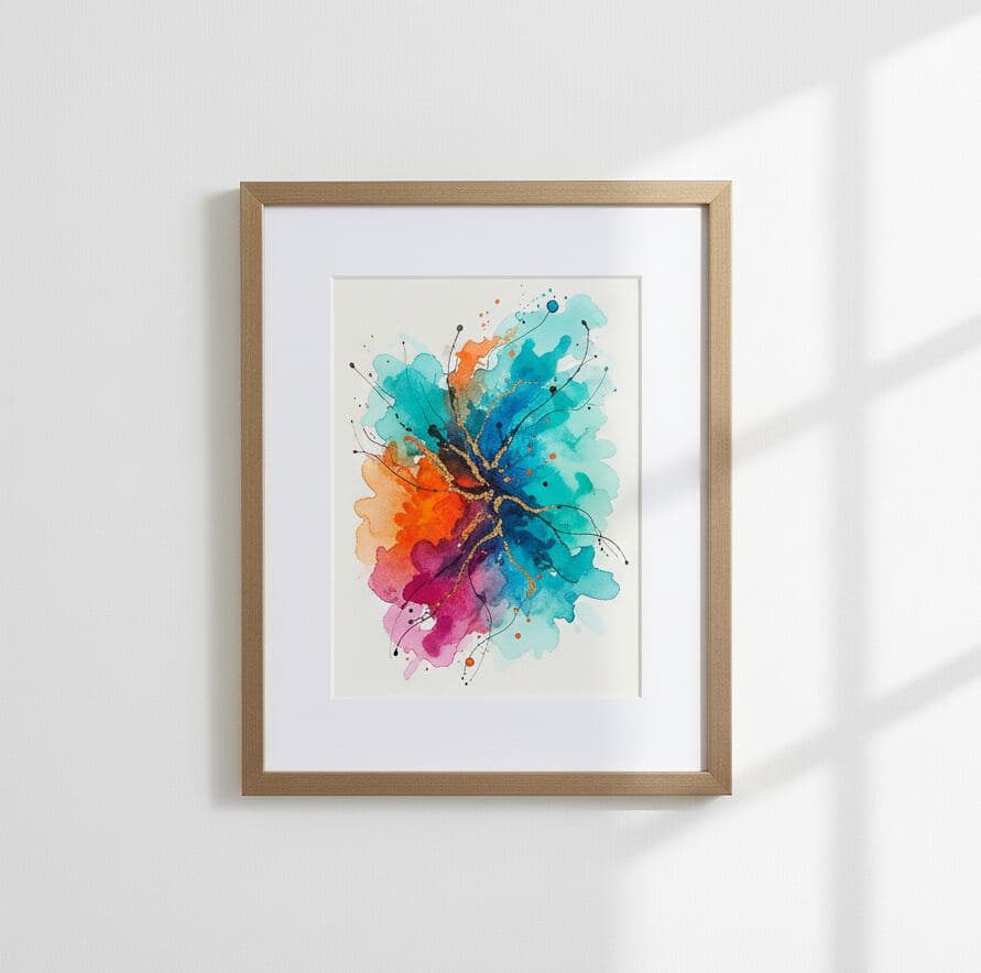 Gold picture frame with white mat hangs on white wall displaying colorful watercolor artwork in blue, orange, and pink tones
