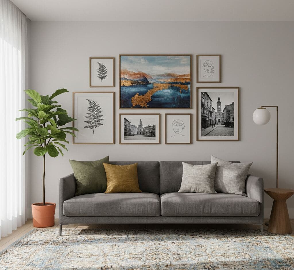 Modern living room with gray sofa and patterned rug features gallery wall of light wood picture frames showing landscape, botanical, and architectural art