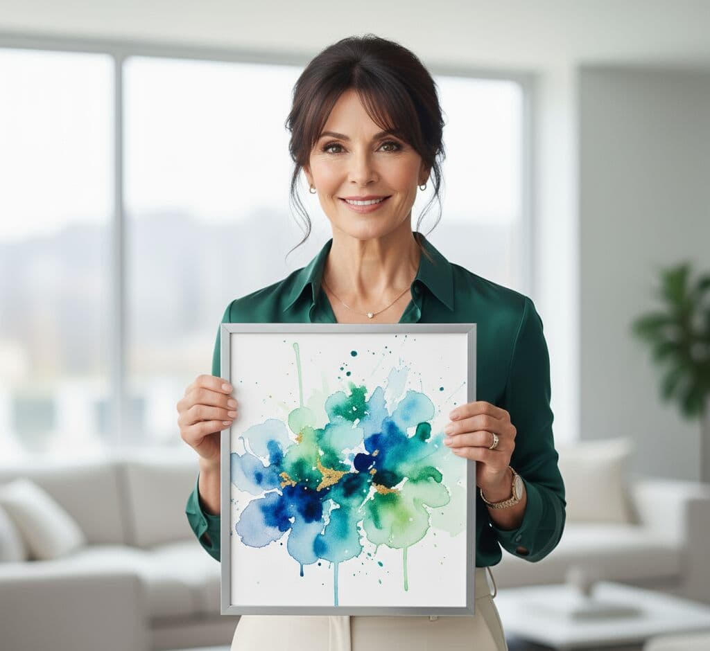 Woman in green blouse holding Silver Picture frame with vibrant blue and green watercolor flower artwork demonstrating sleek metallic finish ideal for contemporary floral art