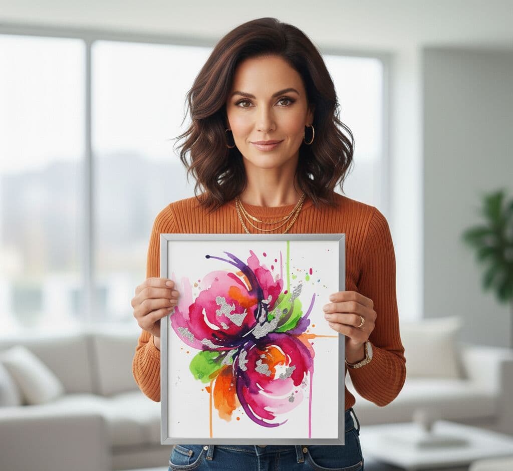 Woman in orange sweater holding Silver Picture frame with vibrant pink and purple watercolor flower artwork showcasing modern metallic finish for colorful botanical art