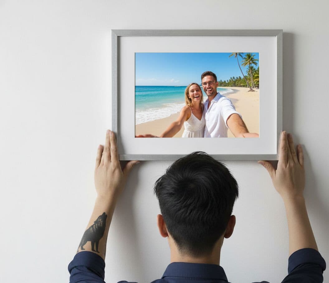 Man hanging Silver Picture frame displaying tropical beach vacation photo with couple showcasing elegant metallic finish for travel and memory photos