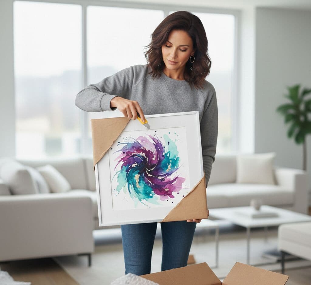 Woman unpacking Silver Picture frame with purple and teal watercolor abstract artwork demonstrating elegant unboxing experience with sleek metallic finish