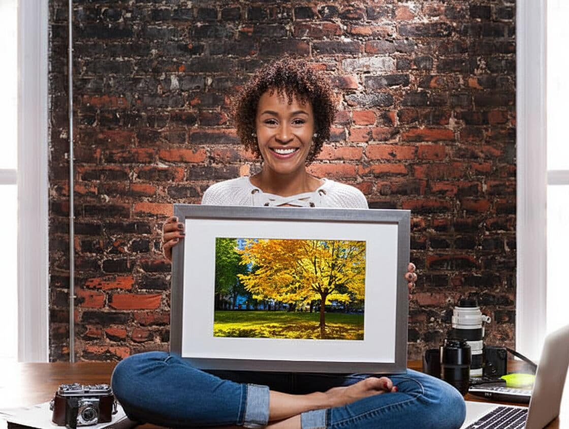 Woman in brick photography studio holding Silver Picture frame displaying vibrant autumn tree landscape photo showcasing sleek metallic finish for seasonal photography