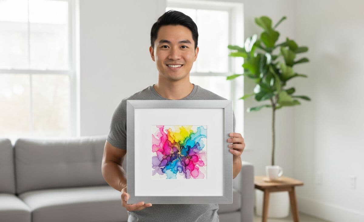 Smiling man in gray t-shirt holds Silver Picture Frame with crisp white mat displaying vibrant alcohol ink abstract burst art in brilliant magenta, hot pink, yellow, turquoise, and purple hues in bright contemporary living room with gray sofa demonstrating sleek 0.75 inch metallic silver finish made for colorful modern artwork and contemporary fluid art with coordinating silver moulding