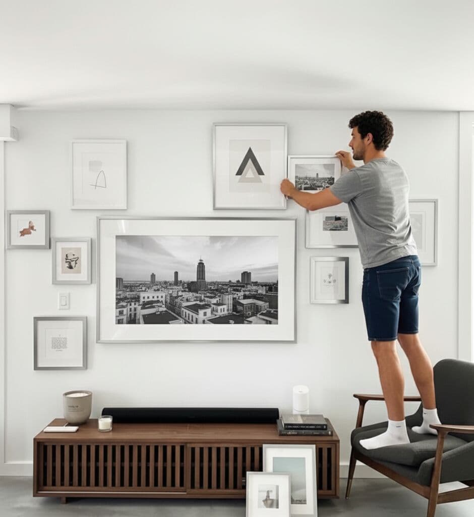 Person arranging Silver Picture frames in modern gallery wall featuring black and white cityscape photography with geometric artwork demonstrating sleek contemporary styling