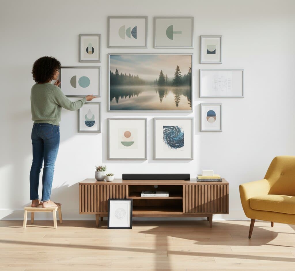 Man in blue shirt admires bright gallery wall featuring abstract teal artwork family photos and botanical prints in brushed silver picture frames beneath modern chandelier