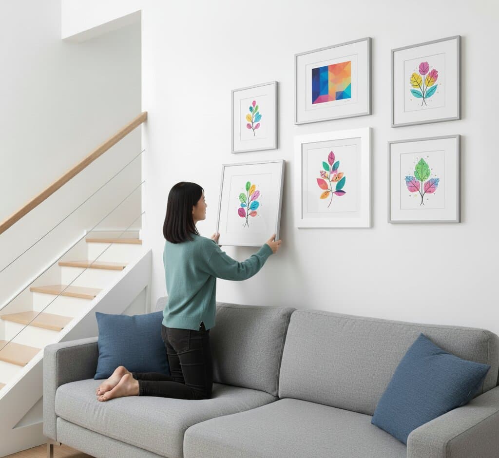 Eclectic art display with brushed silver frames surrounding fantasy moonlit staircase painting and colorful cityscapes in contemporary living room
