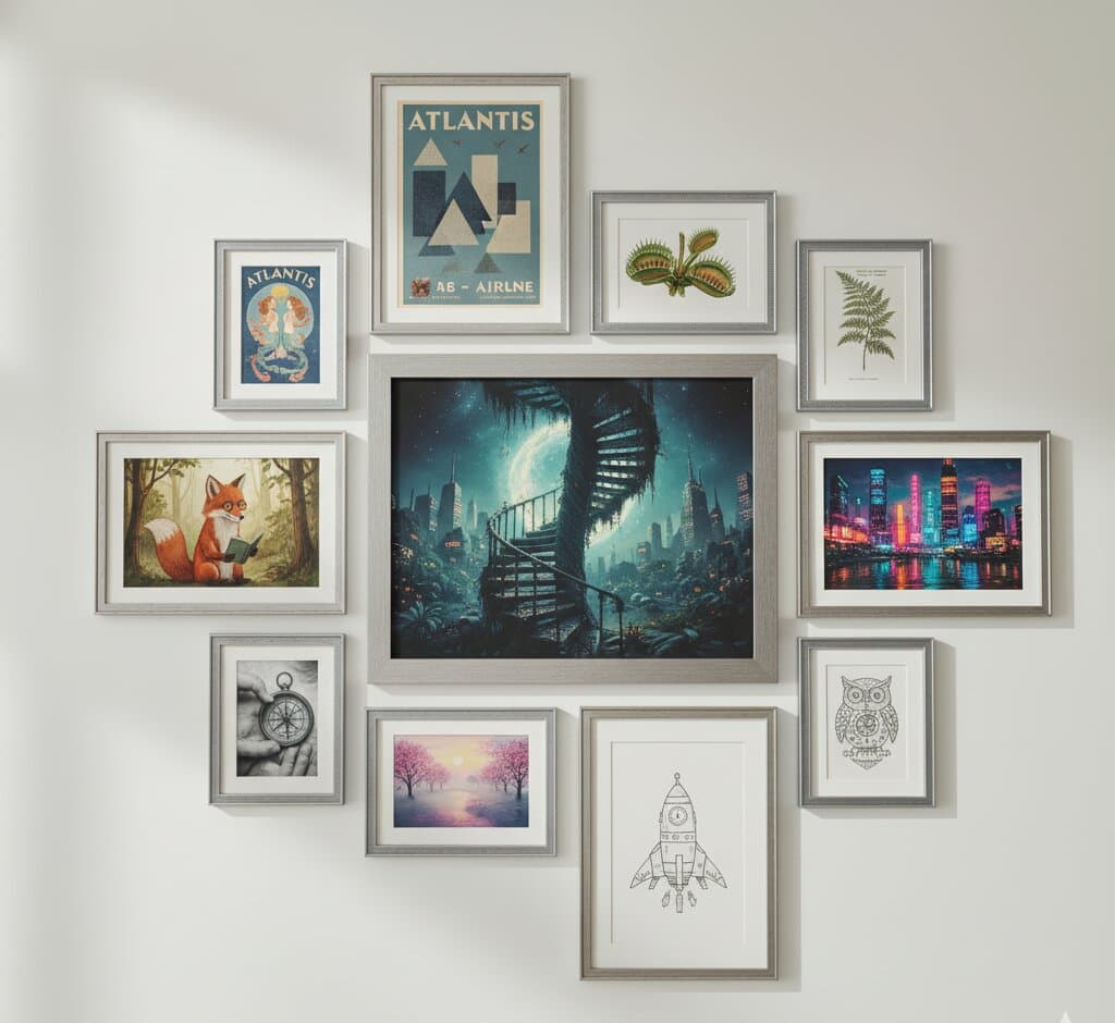 Woman kneeling on gray sofa arranges colorful geometric and botanical prints in brushed silver picture frames along stairway wall