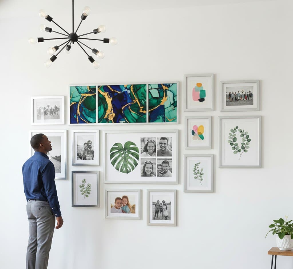 Woman standing on small stool adjusts large framed landscape photograph within brushed silver gallery wall featuring modern geometric and nature artwork