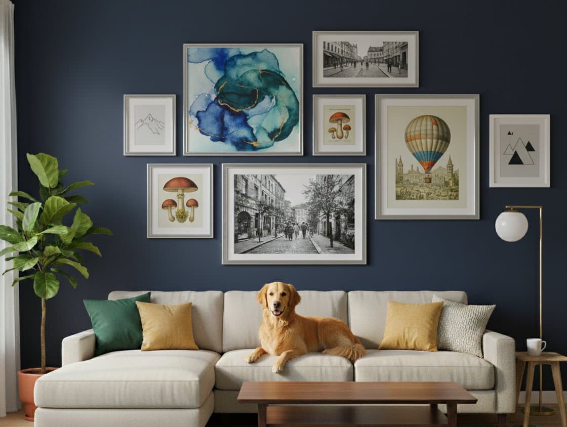 Man places large teal and purple abstract watercolor painting into brushed silver frame on rustic wooden coffee table
