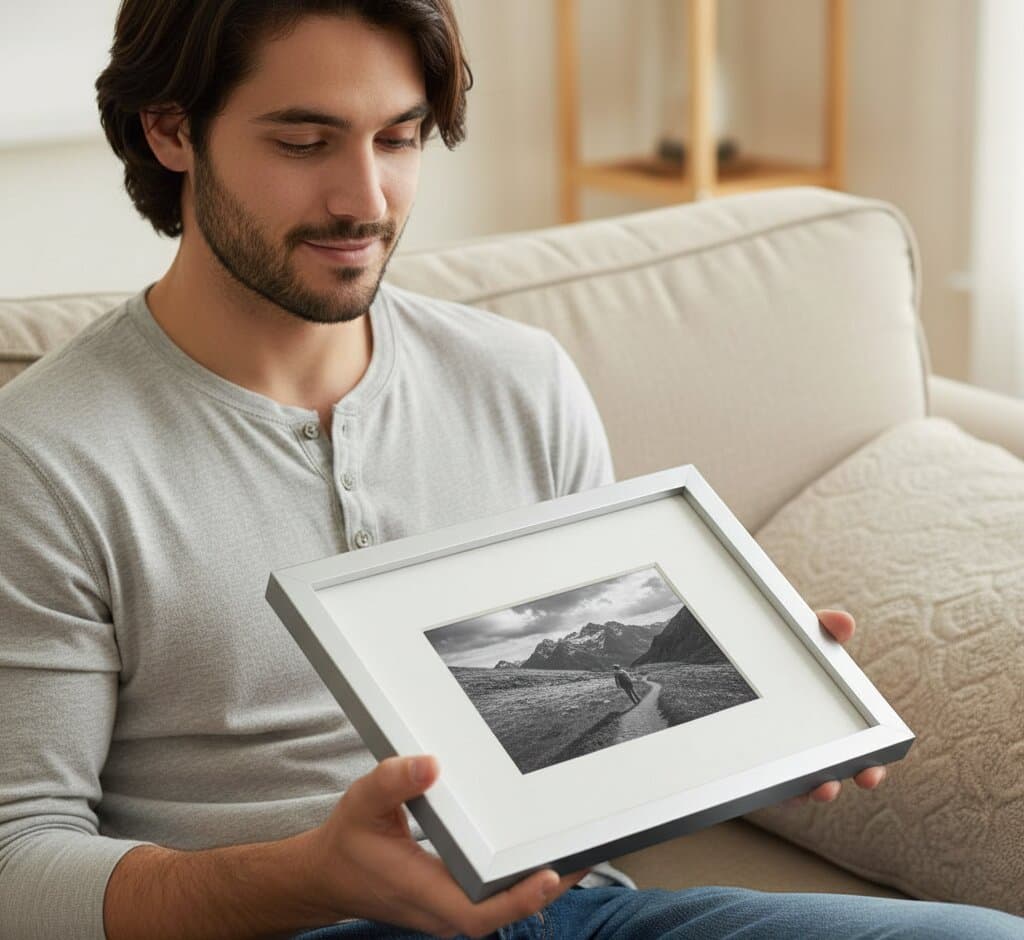 Close-up of brushed silver picture frame displaying bold blue mountain landscape painting with touches of gold under natural window light