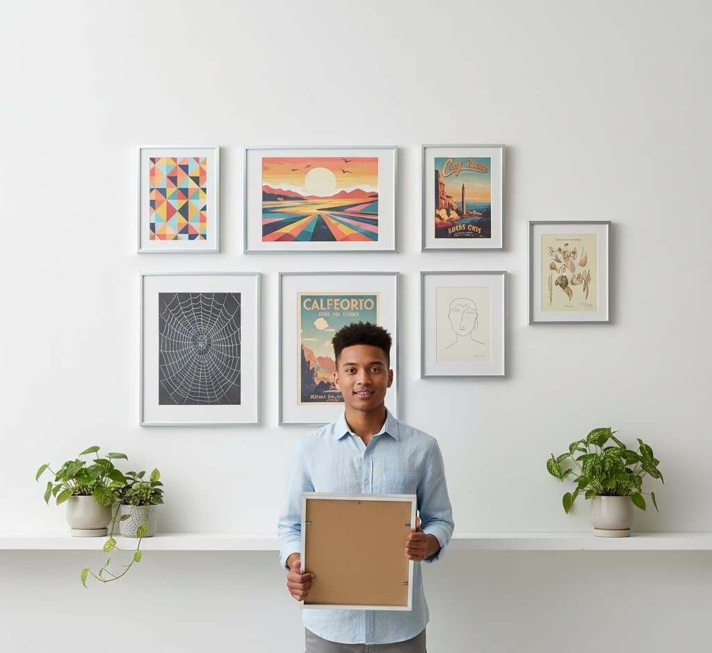 Woman sitting cross-legged on floor lifts large abstract blue and gold painting in brushed silver frame surrounded by other framed art prints
