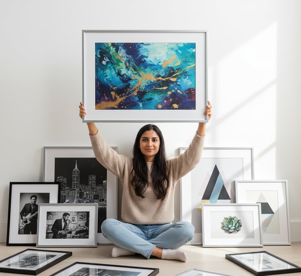 Young man standing in front of colorful gallery wall holds empty brushed silver frame surrounded by modern posters geometric art and travel prints