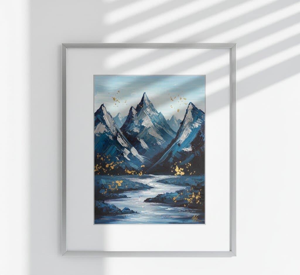 Man seated on beige sofa admires black-and-white mountain photograph displayed in brushed silver frame with clean white mat