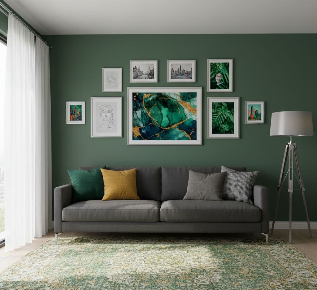 Silver Picture frames in curated gallery wall on green accent wall featuring abstract geode artwork cityscape photography and botanical prints with modern decor