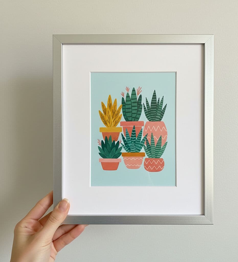Hand holding Silver Picture frame with illustrated succulent plant artwork on mint background showcasing clean metallic styling for botanical illustrations