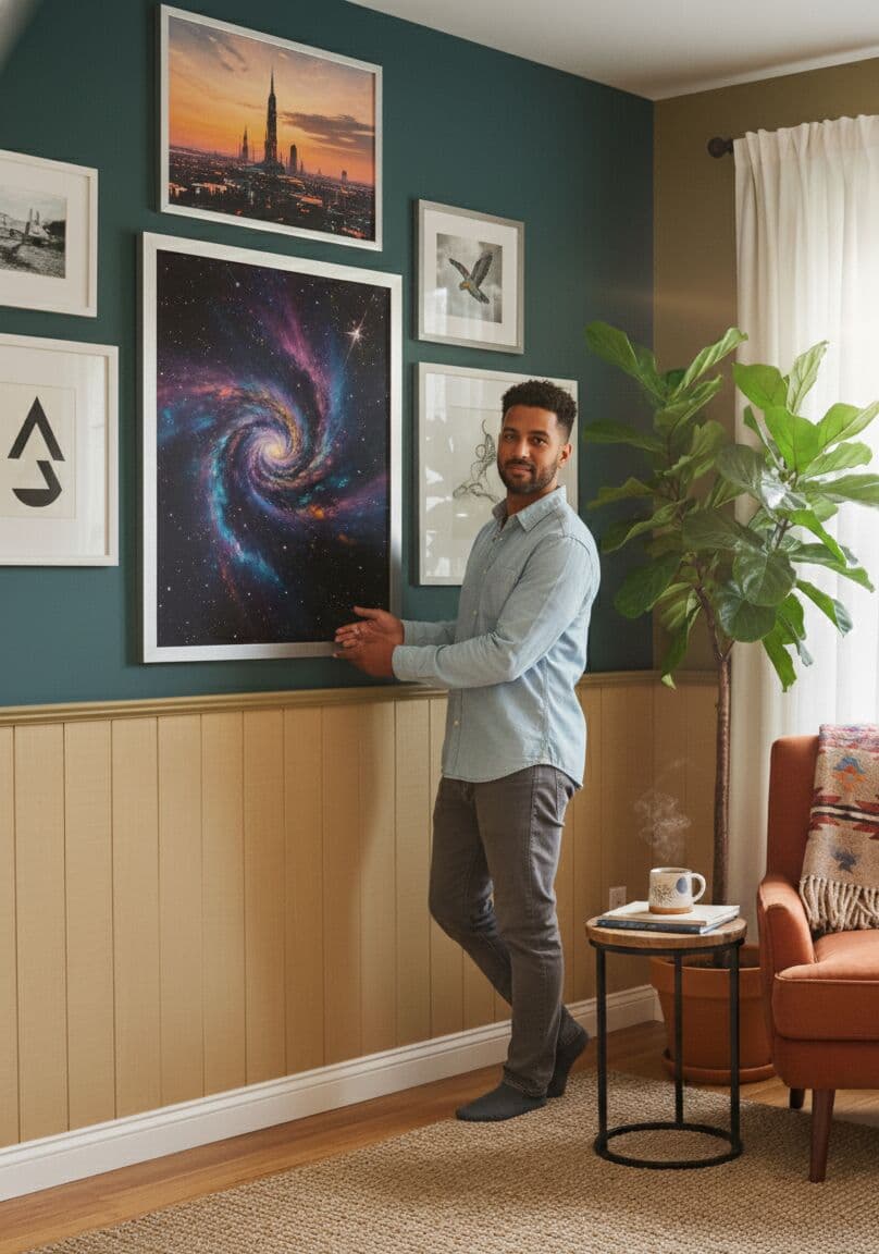 Person presenting Silver Picture frames in gallery wall on teal accent wall featuring galaxy space photography cityscape and wildlife prints with wood wainscoting