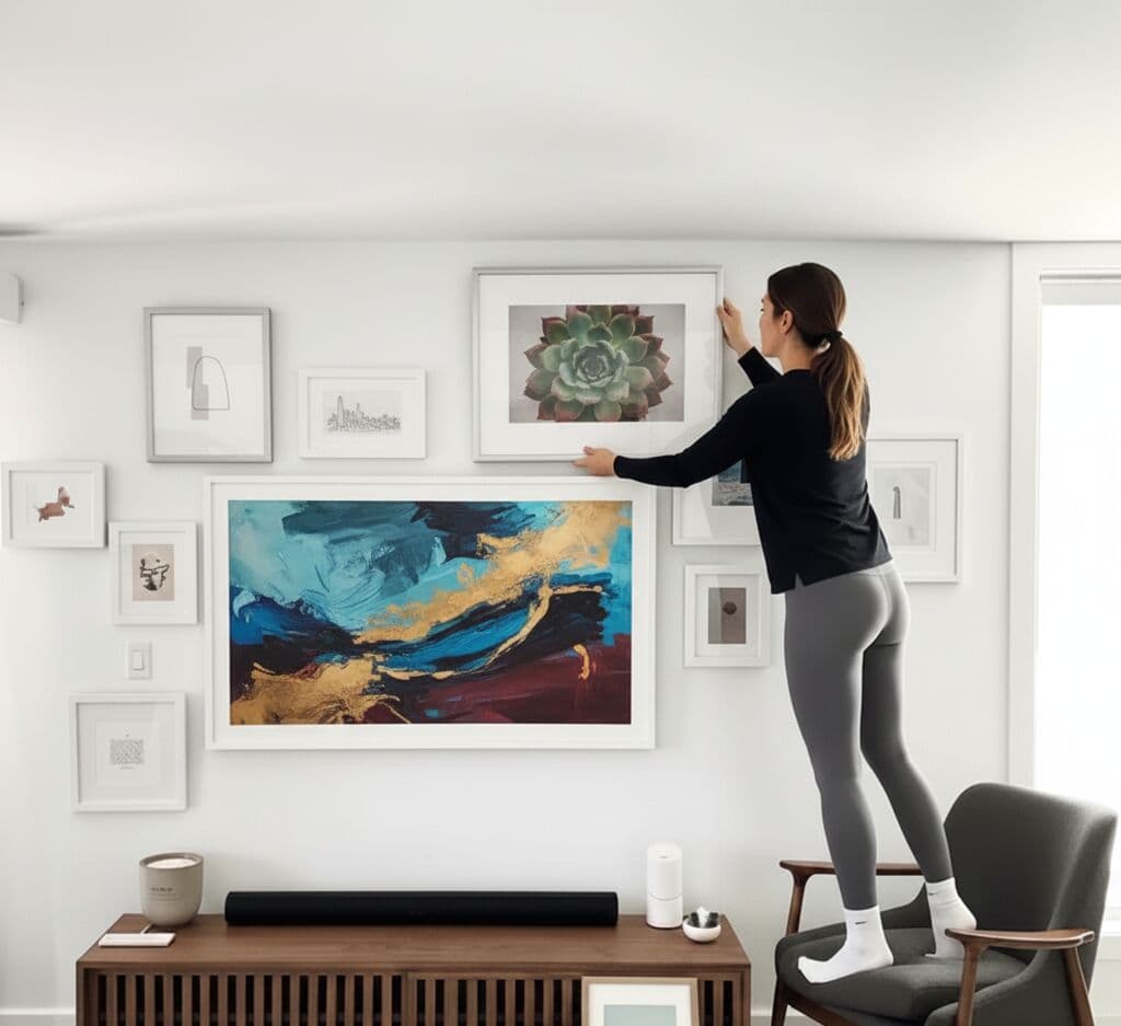 Person arranging Silver Picture frames in modern gallery wall featuring abstract blue gold artwork and succulent photography demonstrating versatile metallic styling