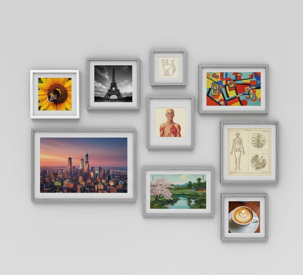 Silver Picture frames in eclectic gallery wall composition featuring diverse subjects including sunflower photography Eiffel Tower anatomy illustrations cityscape and landscape art