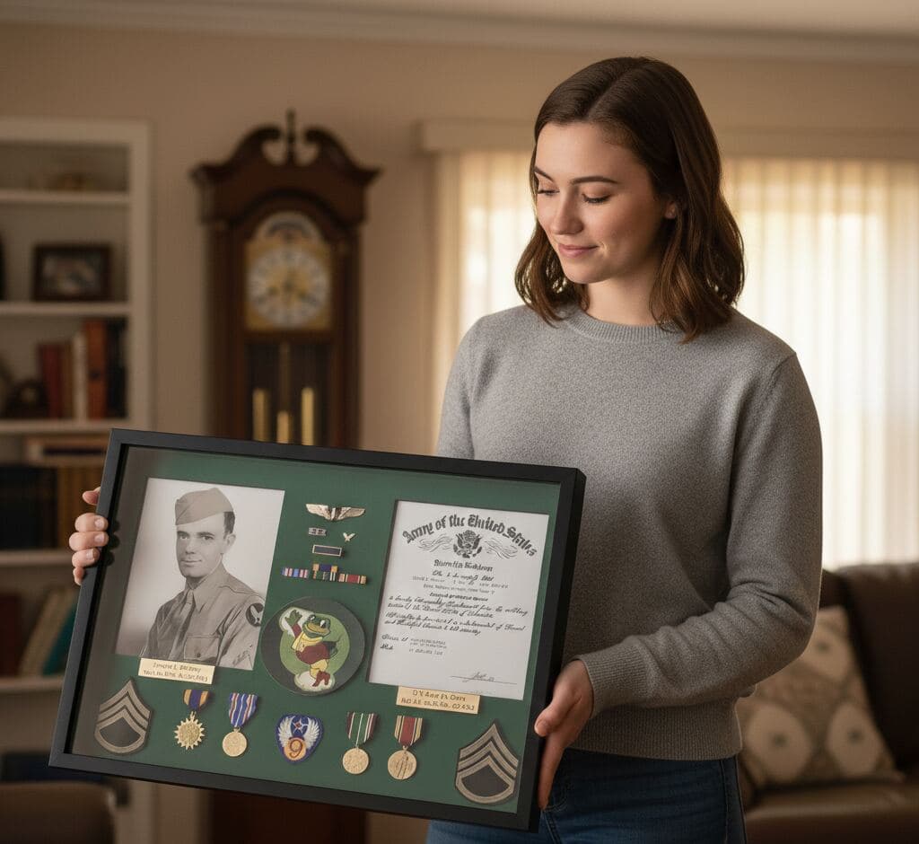 Slim matte black shadowbox frame displaying WWII military memorial with veteran portrait photograph service medals honorable discharge certificate and engraved nameplate demonstrating professional conservation framing for historical military collectibles using 1 inch depth capacity ideal for heritage preservation and military shadowbox picture frames