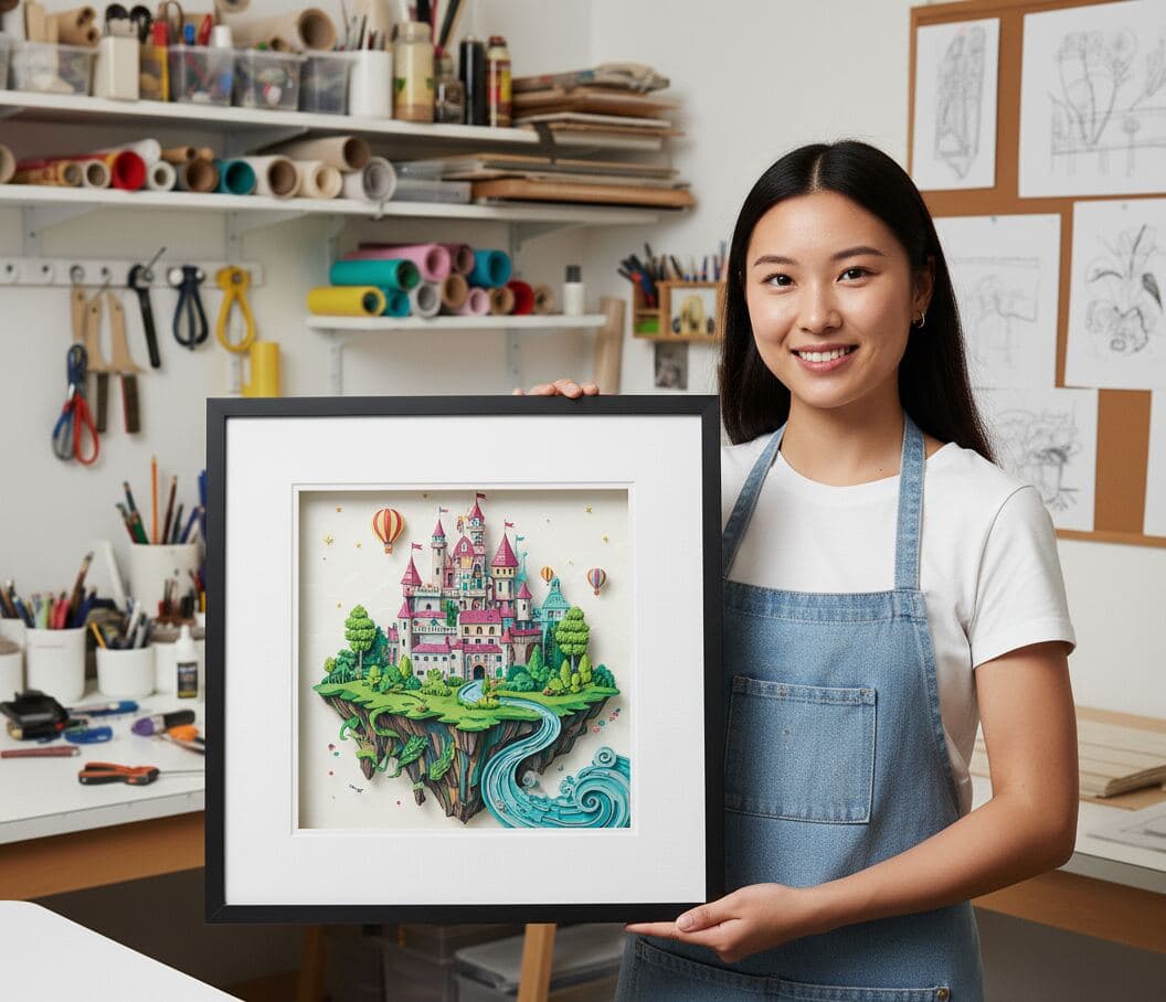 Slim black shadowbox frame with white conservation mat displaying dimensional paper sculpture castle with turrets hot air balloons and waterfalls demonstrating professional framing for 3D papercraft art using acid-free matting and 1 inch depth capacity for intricate paper constructions