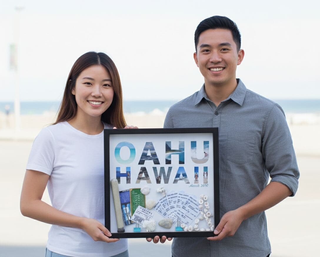 Black picture frame shadowbox displaying Hawaii Oahu travel memory collection with tickets shells sand and photo letter typography demonstrating vacation memorabilia framing using 1 inch depth for beach souvenirs and destination keepsake shadowbox displays