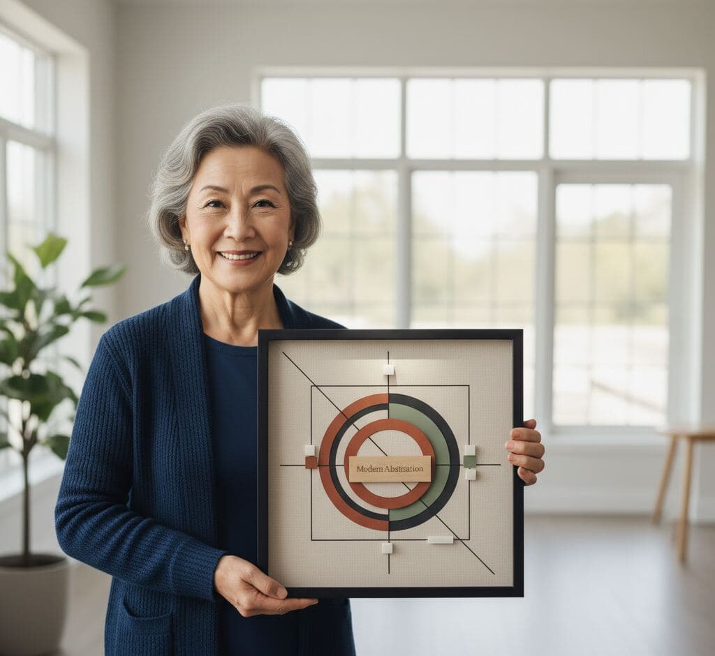 Matte black shadowbox frame with white mat board presenting modern geometric abstract art with concentric circles and linear elements demonstrating contemporary art framing using conservation matting and slim 0.75 inch black moulding for minimalist gallery wall displays