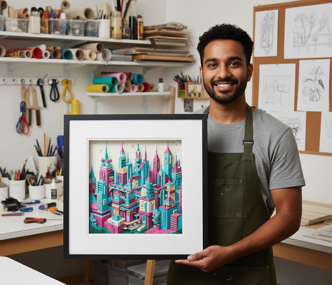 Slim black shadowbox frame with white conservation mat showcasing vibrant dimensional isometric city paper art featuring turquoise and pink architecture demonstrating professional shadow box framing for 3D paper sculpture using acid-free matting and 1 inch depth for layered papercraft