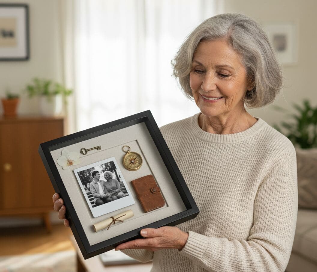 Black picture frame shadowbox displaying vintage family heirloom collection including antique skeleton keys brass compass black-and-white photograph leather wallet and scroll demonstrating heritage keepsake framing using 1 inch depth for sentimental object preservation and family memorabilia display