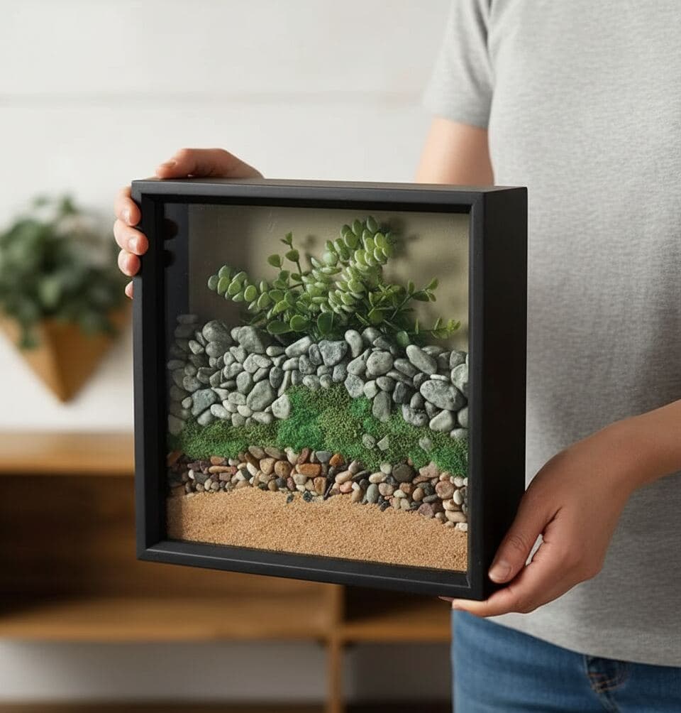 Matte black shadowbox frame presenting layered nature scene with smooth river stones moss preserved eucalyptus branches creating dimensional botanical artwork demonstrating natural specimen framing using 1 inch depth capacity for organic material display and contemporary nature art shadowbox